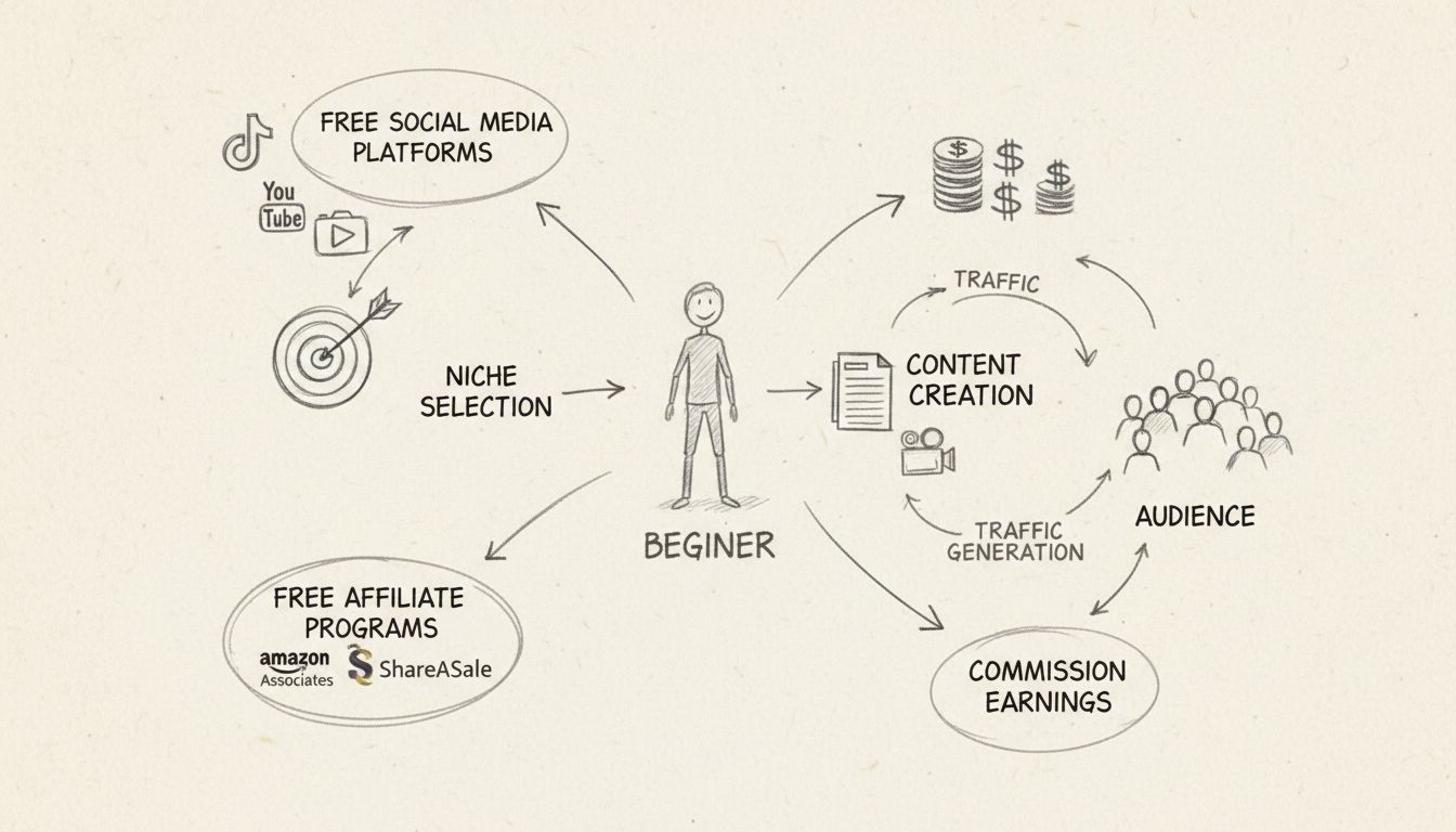 Stapsgewijs proces om te starten met affiliate marketing zonder geld, toont gratis platformen, nichekeuze, affiliate programma's, content creatie, verkeersgeneratie en commissie-inkomsten