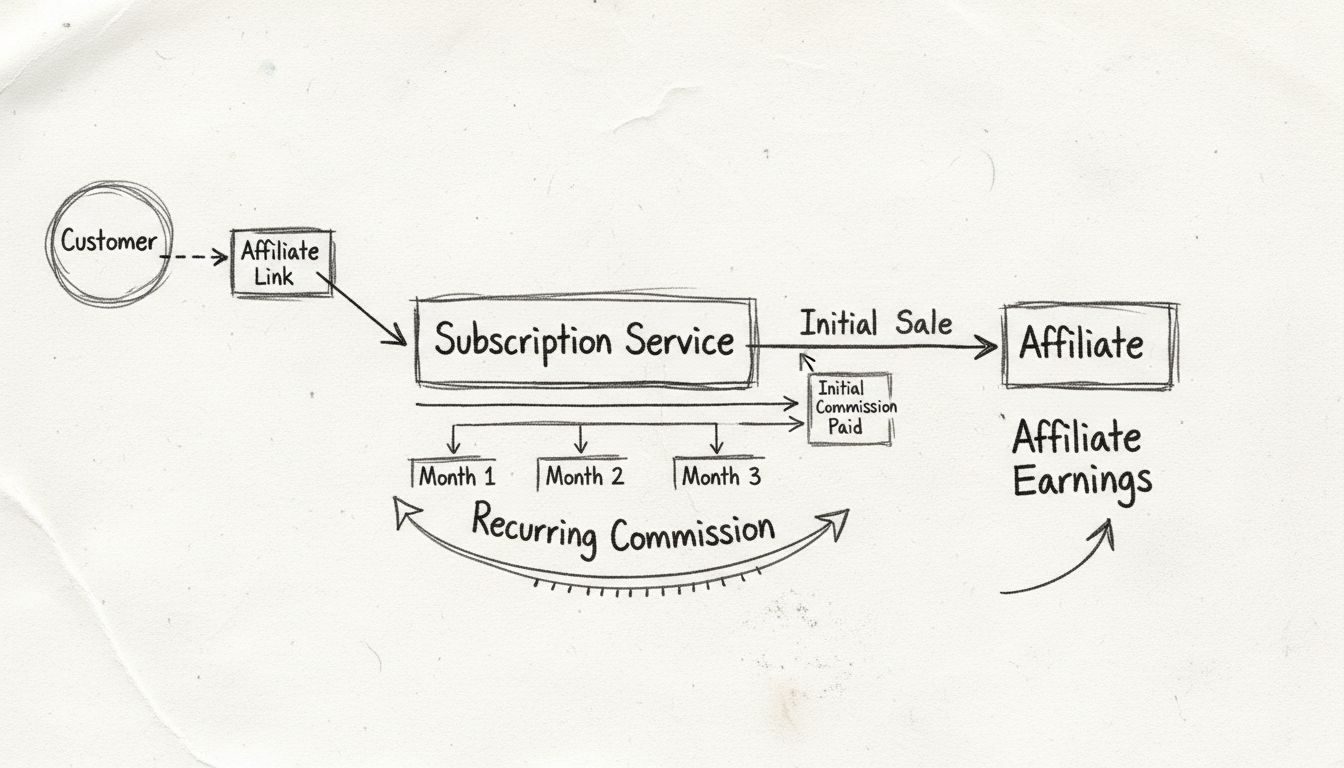 Diagram van het proces van terugkerende commissies met de eerste verkoop en maandelijkse terugkerende betalingen aan de affiliate