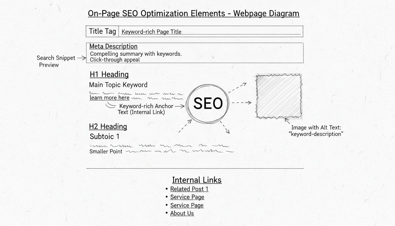 Handgetekend diagram met on-page SEO-elementen zoals title tag, meta description, H1-kop, zoekwoordplaatsing, header tags, alt-tekst en interne links op een webpagina-indeling