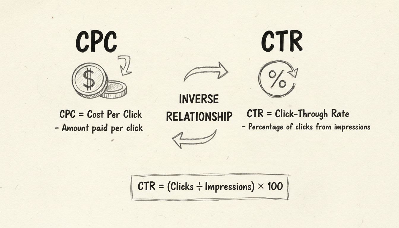 Handgetekend diagram dat CPC en CTR vergelijkt, met formules en omgekeerde relatie