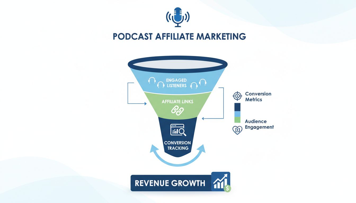 Infographic over de voordelen van podcast affiliate marketing met conversietrechter en engagementstatistieken
