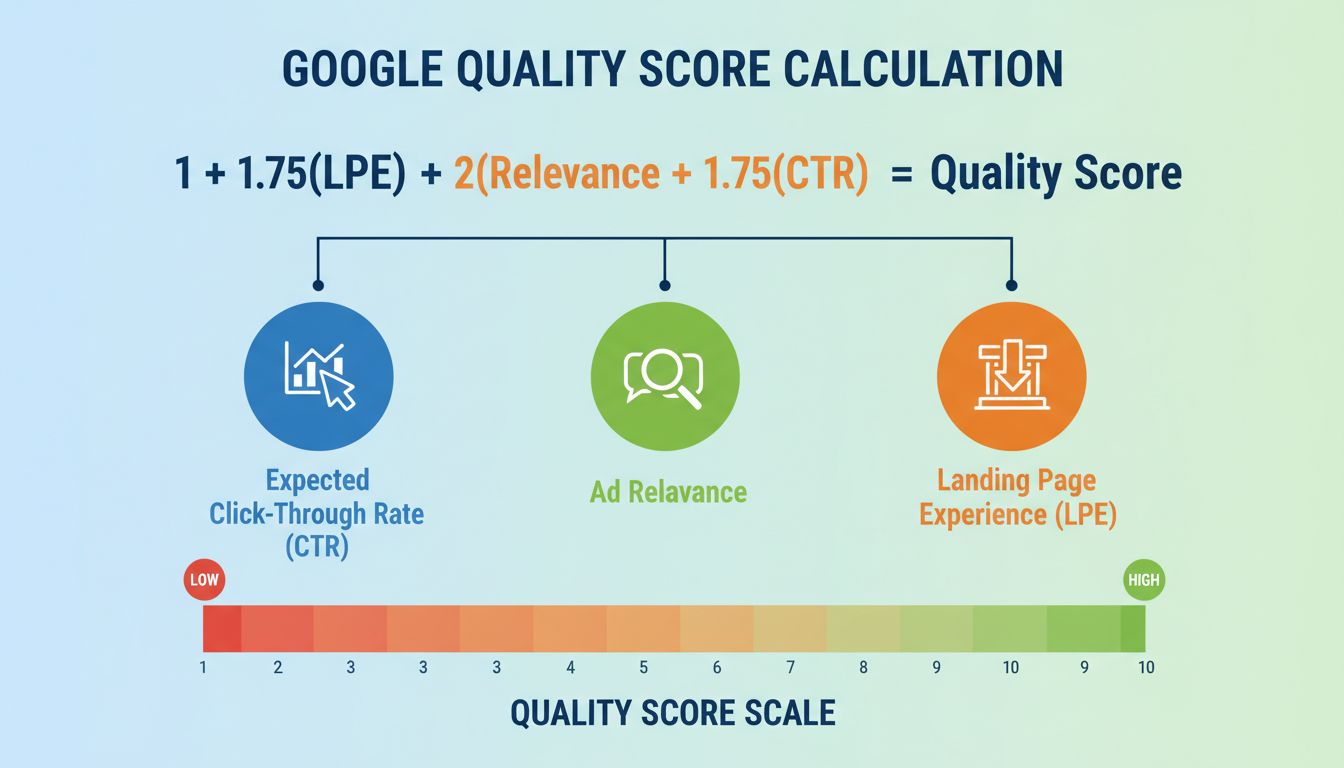 Infographic van de Google Quality Score-berekening met drie componenten en een schaal van 1-10