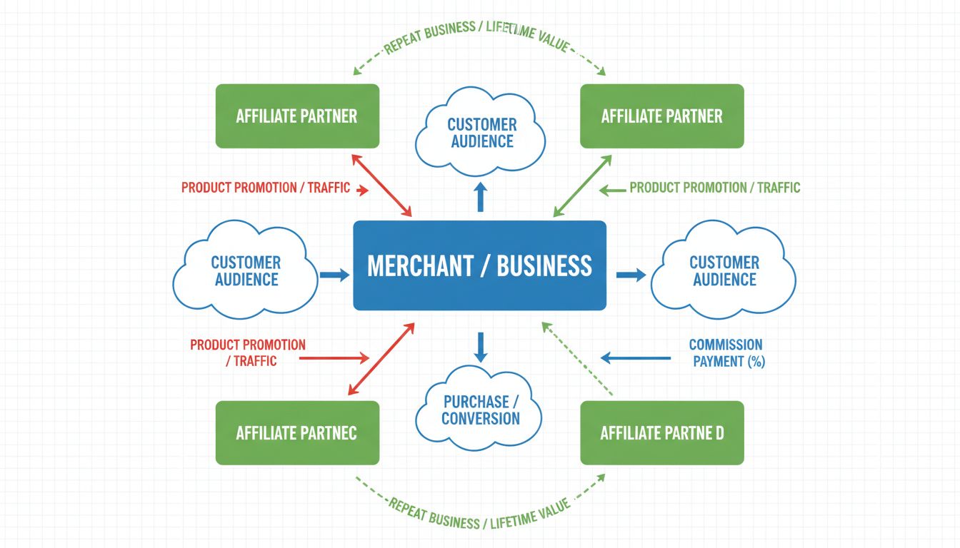 Diagram van het affiliate marketingproces en de commissiestructuur, met de merchant centraal, meerdere affiliatepartners, promotiestroom, klantenaankopen en commissie-uitbetalingen