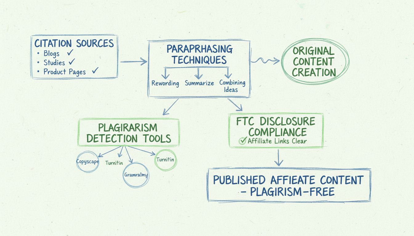 Workflowdiagram voor plagiaatpreventie met bronvermelding, parafraseertechnieken, plagiaatdetectietools en FTC-compliancestappen