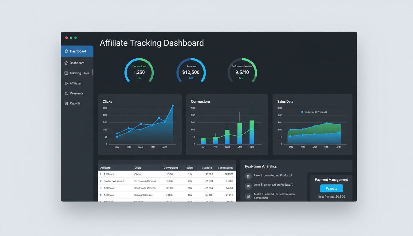 Affiliate tracking software-dashboard met realtime prestatiegegevens, conversietracking en commissiebeheer