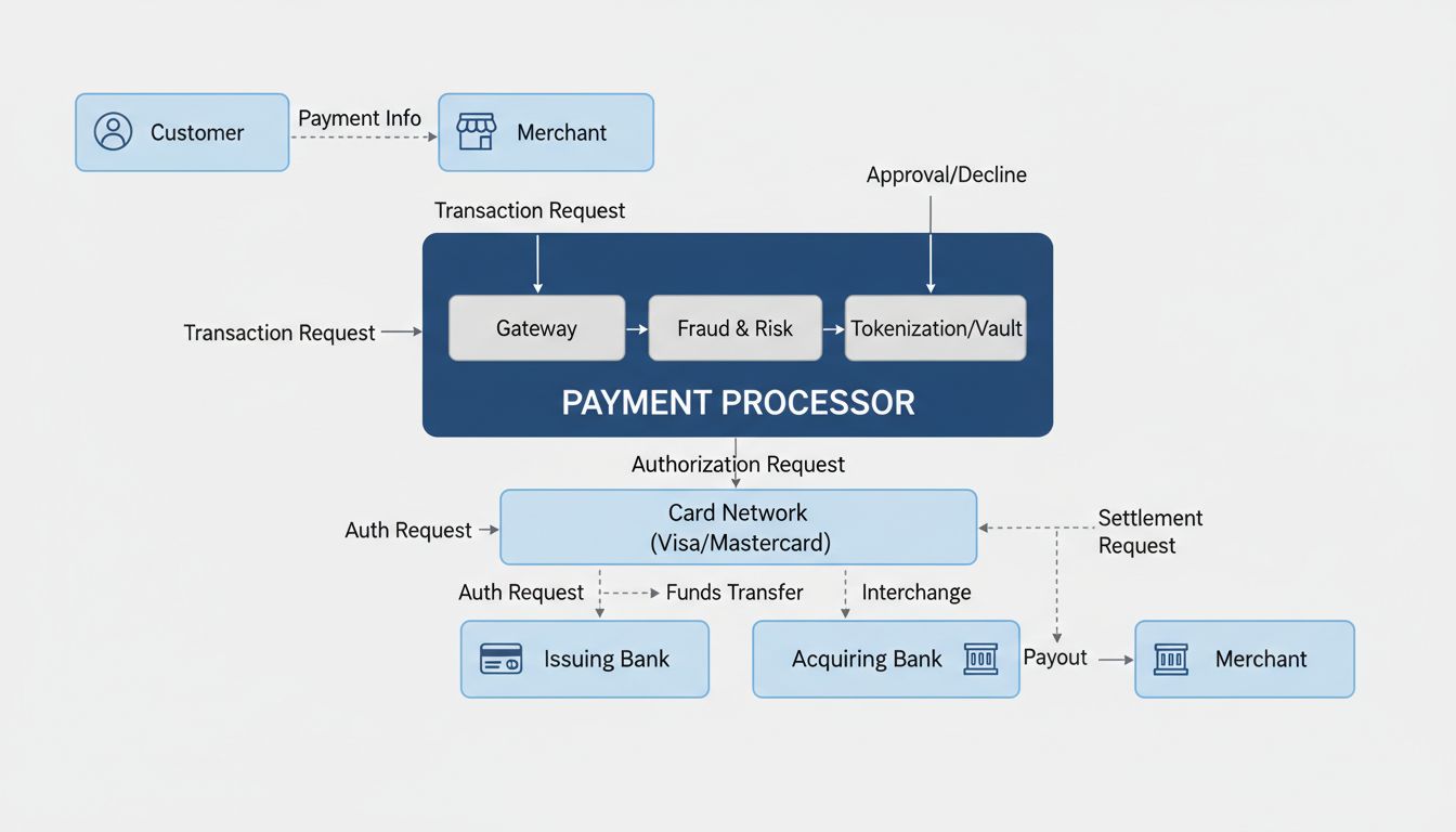 Diagram van het betaalverwerkers-ecosysteem: stroom tussen klant, handelaar, betaalverwerker, kaartnetwerken, uitgevende en acquirer bank