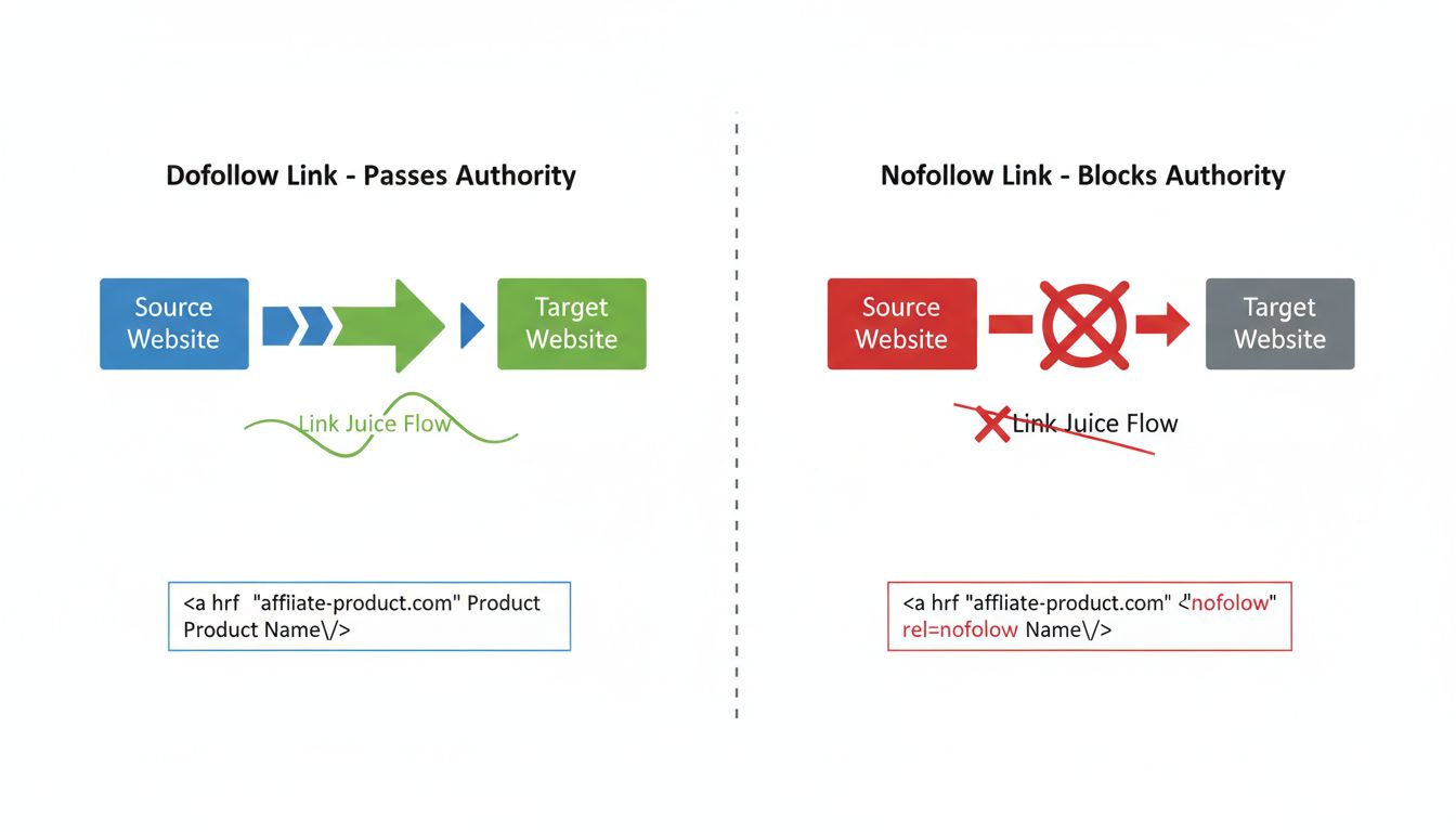 Technisch diagram dat het verschil toont tussen nofollow- en dofollow-links in affiliate marketing met een groene pijl voor dofollow die autoriteit doorgeeft en een rode geblokkeerde pijl voor nofollow