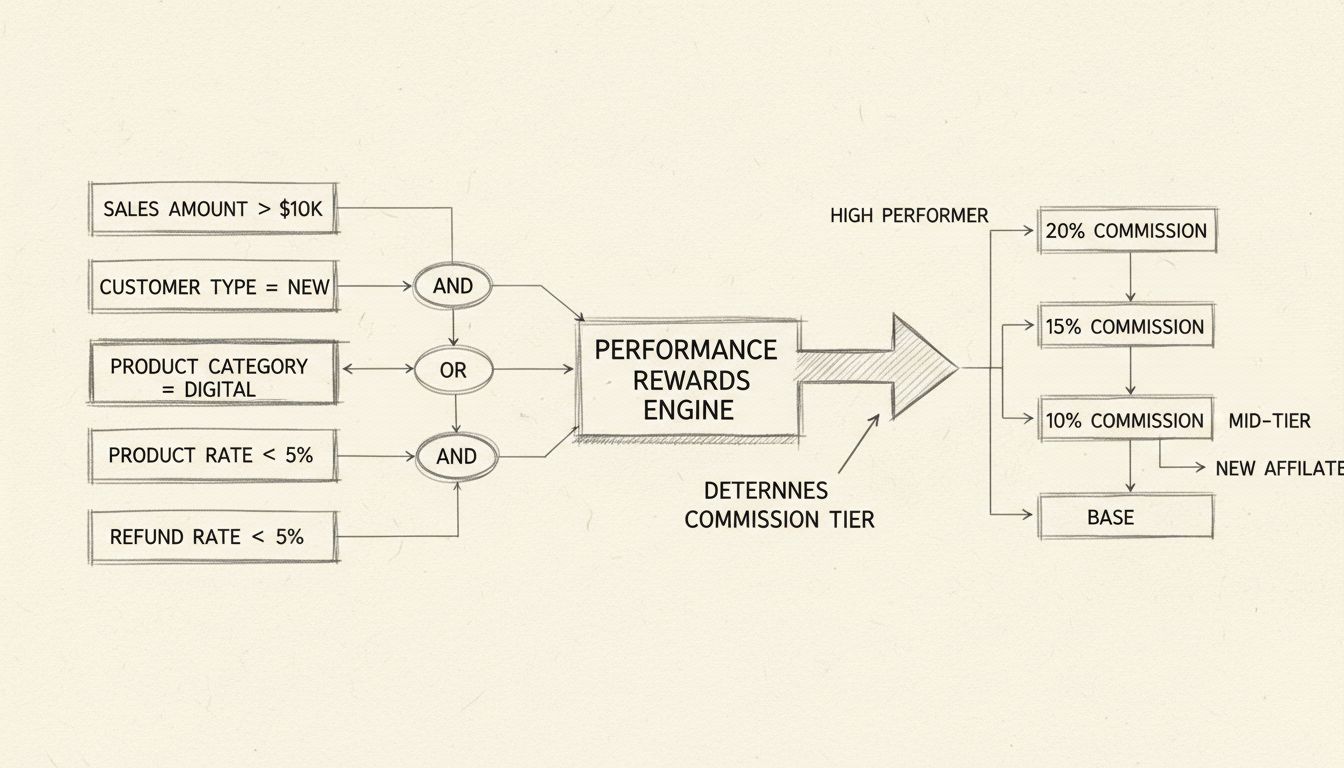 Multi-condition Performance Rewards flowchart showing how conditions combine to determine commission tiers