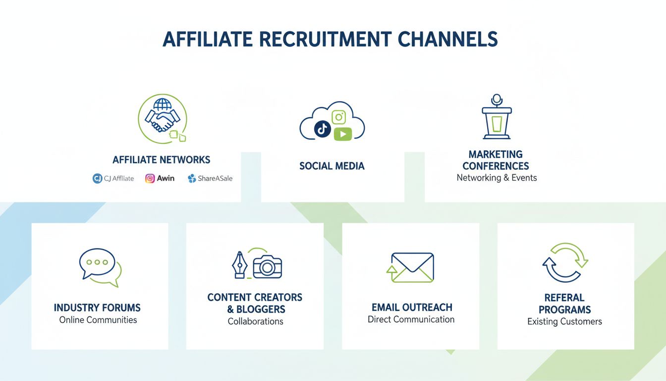 Infographic die meerdere kanalen toont om affiliates te vinden zoals affiliate netwerken, sociale media, conferenties, forums, content creators, e-mailcampagnes en referralprogramma's
