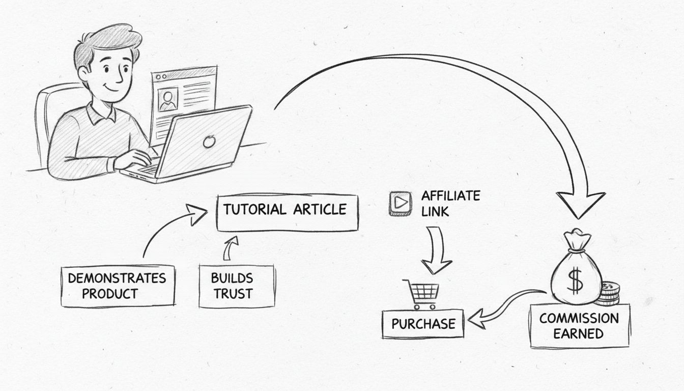 Handgetekend diagram dat de flow van een tutorialartikel naar affiliate commissie weergeeft: lezer leert van tutorial, klikt op affiliate link, doet aankoop, verdient commissie
