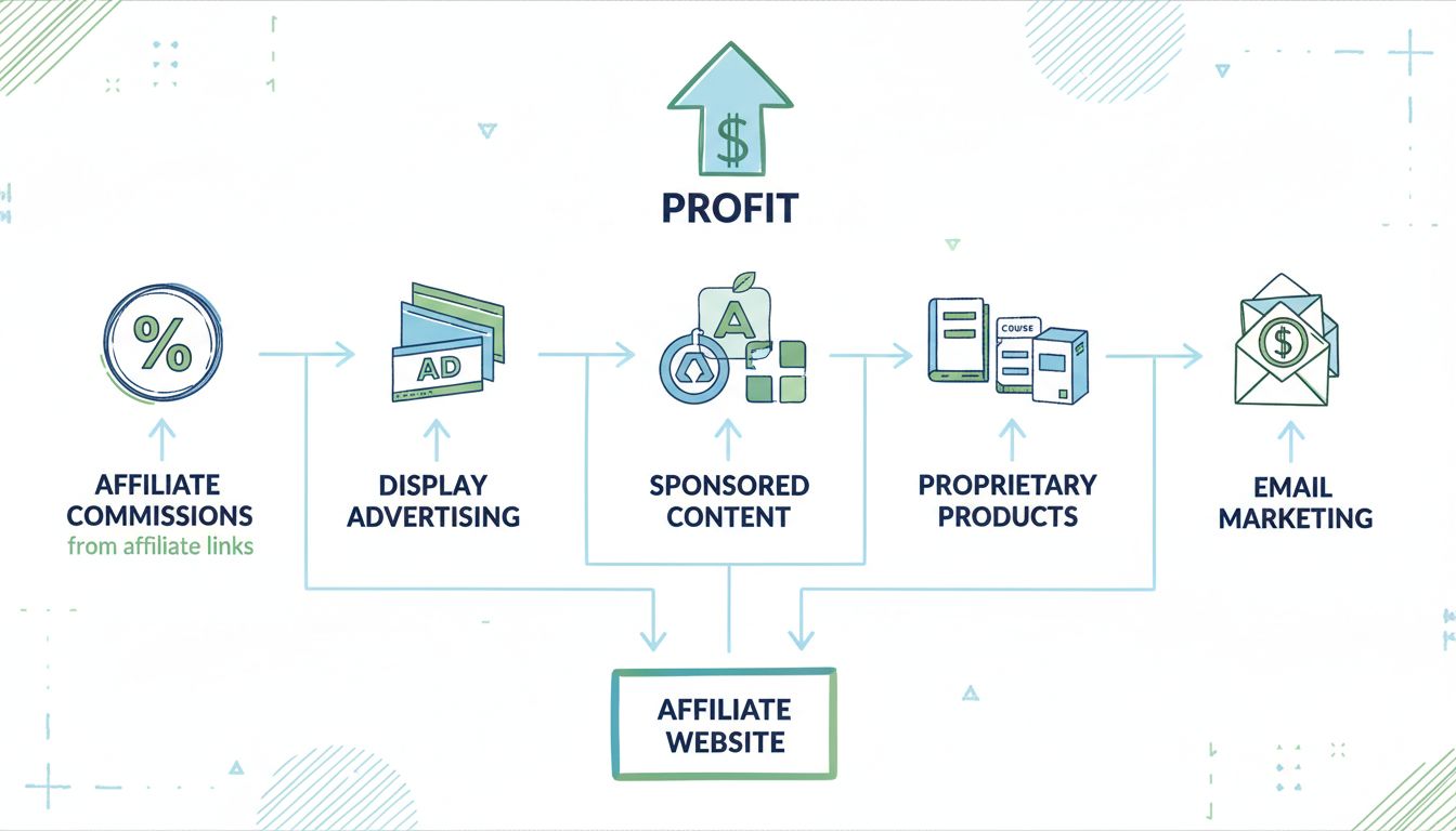 Infographic over inkomstenstromen van affiliate sites met commissies, advertenties, gesponsorde content, eigen producten en e-mailmarketing
