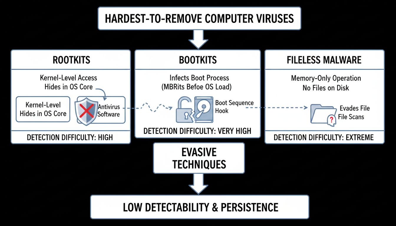 Technisch diagram toont kenmerken van rootkits, bootkits en fileless malware en moeilijkheidsgraden van detectie