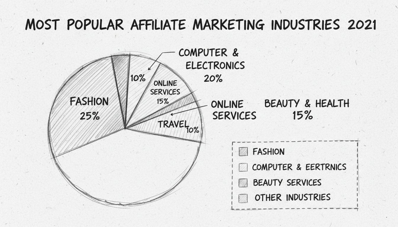 Handgetekend cirkeldiagram met verdeling van affiliate marketing industrieën in 2021: Mode 25%, Computers en Elektronica 20%, Online Diensten 15%, Beauty en Gezondheid 15%, Reizen 10%, Overige Industrieën 15%