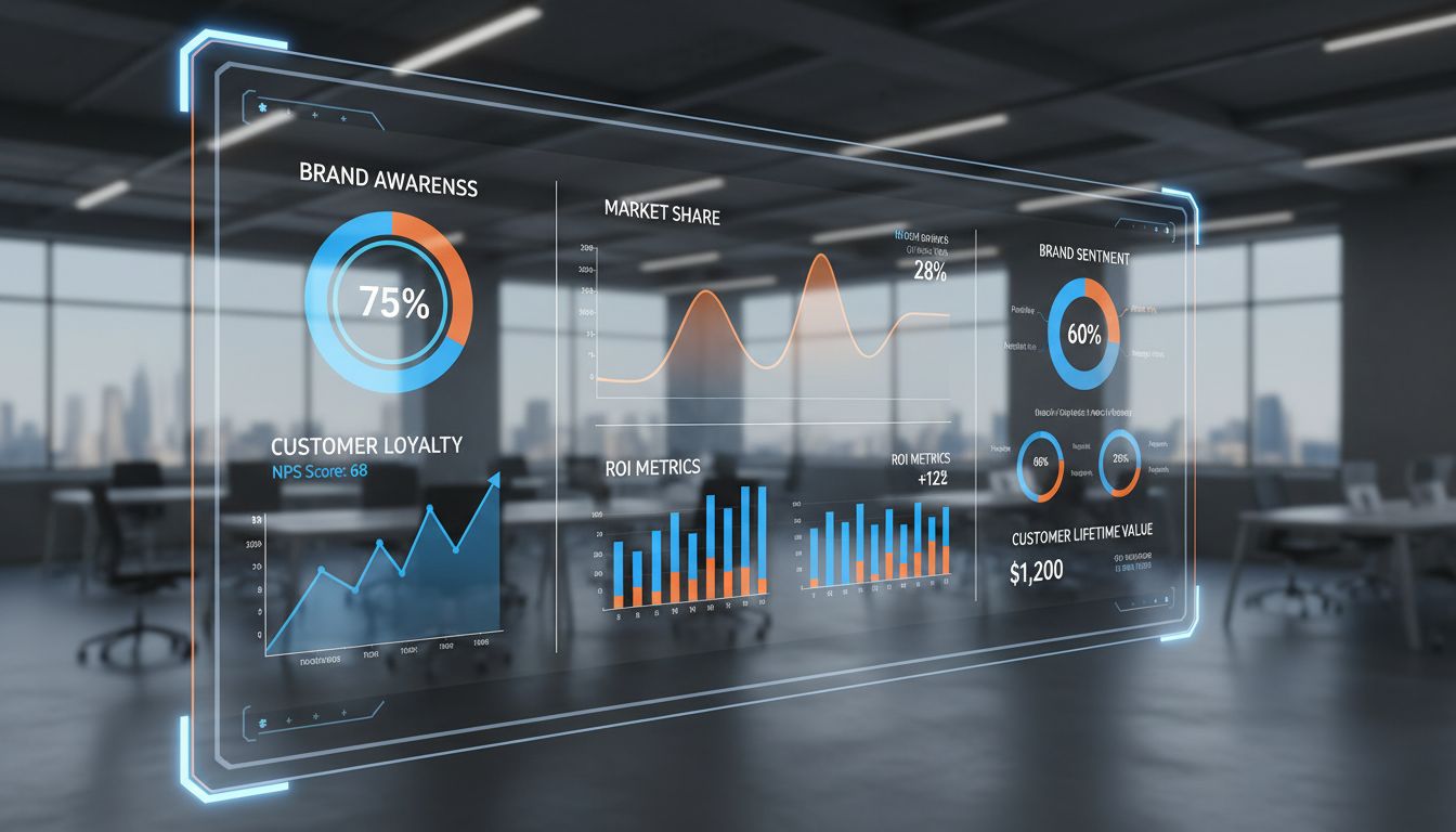 Professioneel zakelijk dashboard met merkwaardemetrics zoals merkbekendheid, klantloyaliteit, marktaandeel, ROI, NPS-score en customer lifetime value analytics