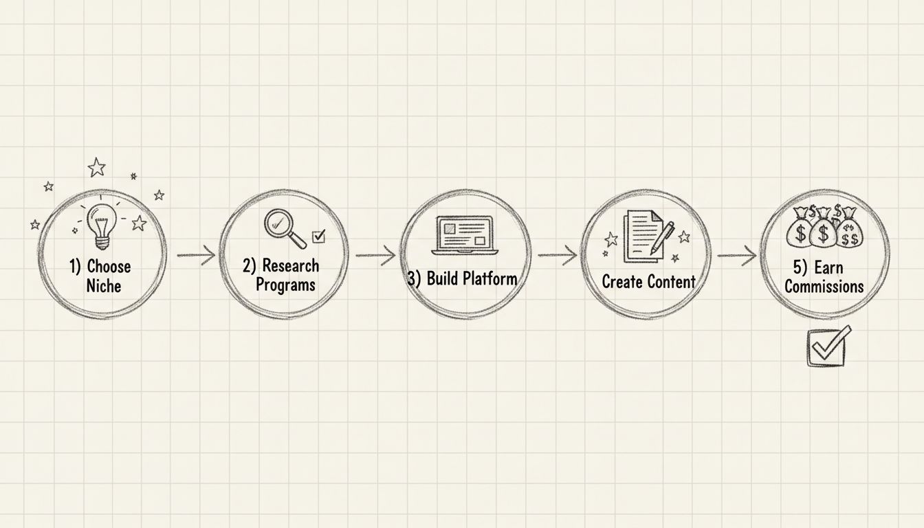 Stroomschema van de reis van een beginnend affiliate marketeer met 5 stappen: Kies een niche, Onderzoek programma's, Bouw je platform, Maak content en Verdien commissies