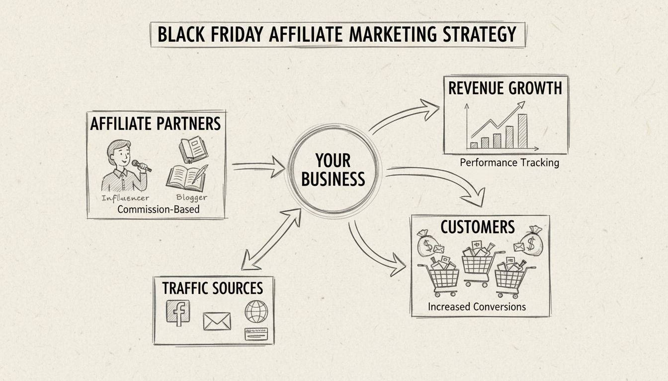 Handgetekend diagram van een affiliate marketingstrategie voor Black Friday met een zakelijk knooppunt verbonden met affiliate partners, trafficbronnen, klanten en omzetgroei