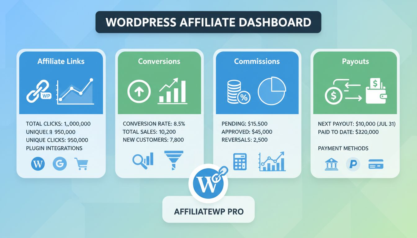 WordPress affiliate marketing dashboard met conversietracking, beheer van affiliatelinks, commissieberekening en betalingsverwerking