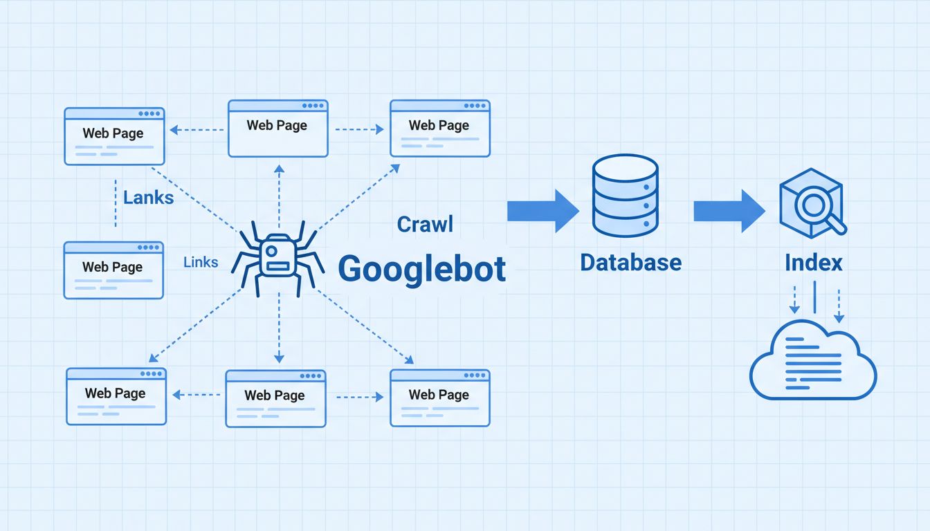 Technisch diagram dat Googlebot toont die via onderling verbonden webpagina's crawlt met database-indexering en linkvolgen