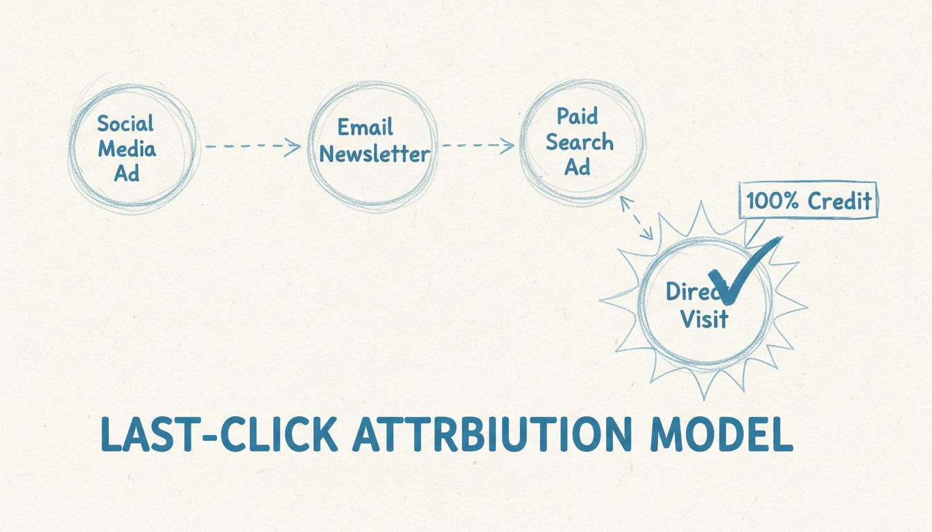 Last-click attributiemodel toont klantreis met meerdere contactpunten en 100% waardetoekenning aan de laatste interactie