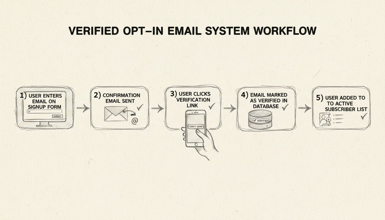 Diagram van het verified opt-in-proces met e-mailaanmelding, bezorging van bevestigingsmail, klik op verificatielink, database-statusupdate en activering van de abonneelijst