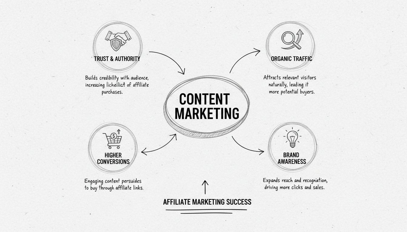 Handgetekend diagram dat laat zien hoe contentmarketing verbonden is met vertrouwen, organisch verkeer, conversies en merkbekendheid