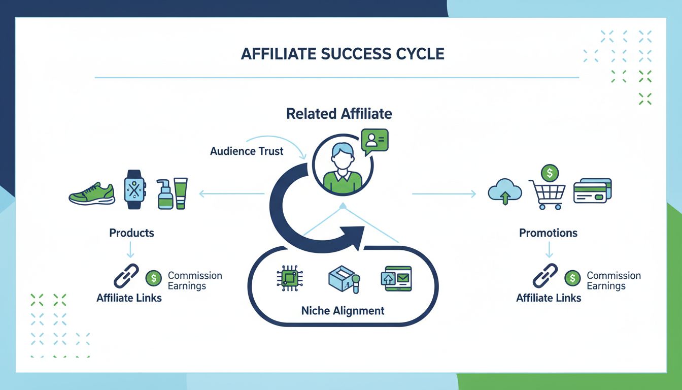 Diagram van Related Affiliate Marketing met niche-afstemming, vertrouwen van het publiek en commissievergoeding