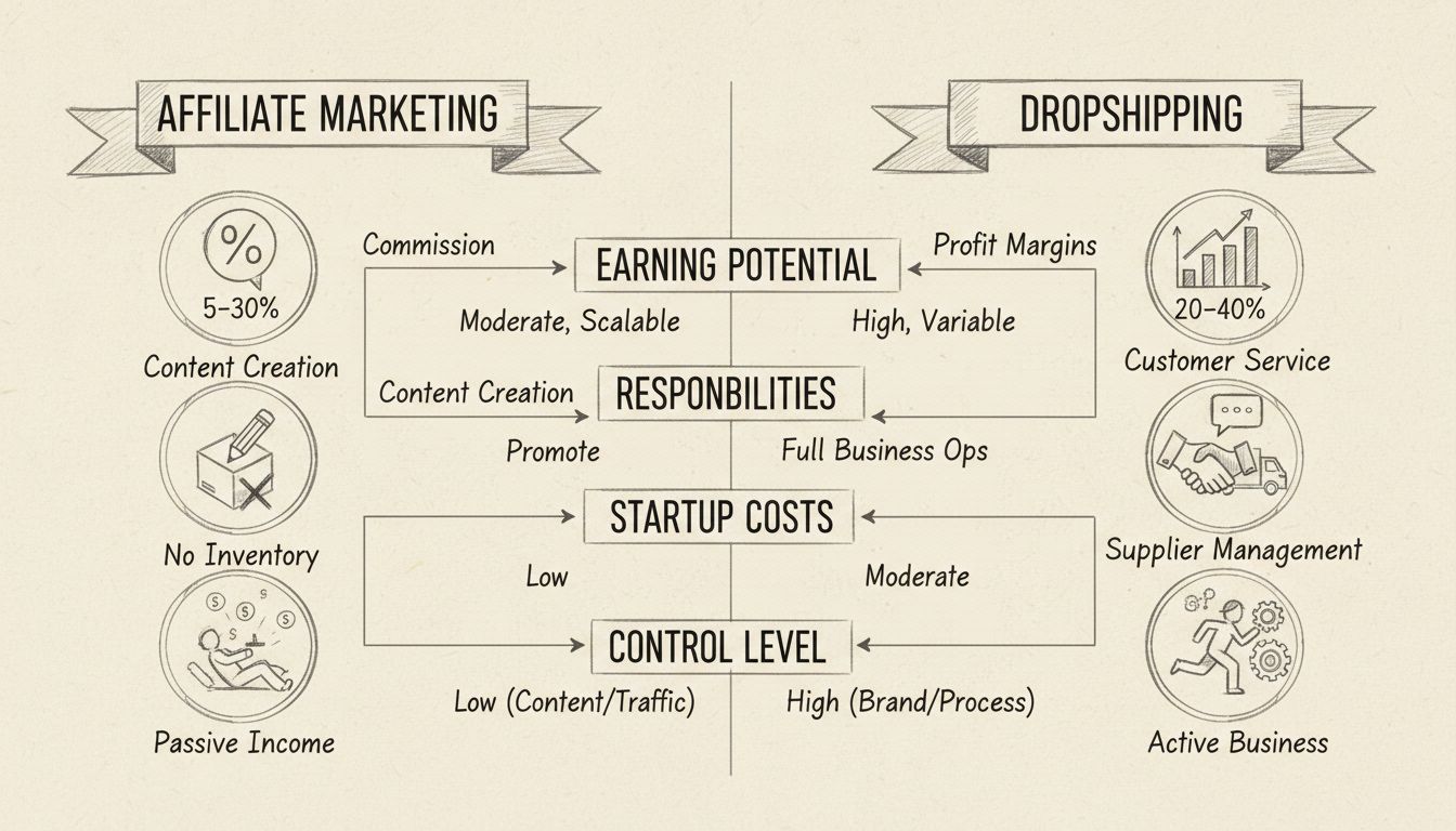 Handgetekend vergelijkingsdiagram van affiliate marketing versus dropshipping met verdienpotentieel, verantwoordelijkheden en belangrijke statistieken