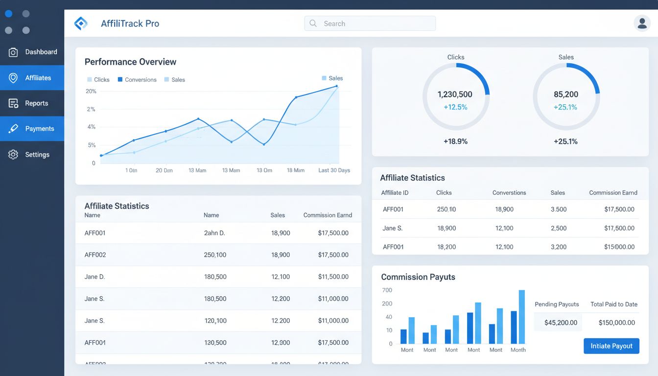 Dashboard van affiliate marketing trackingsoftware met realtime analytics, conversiemetingen en commissie-tracking