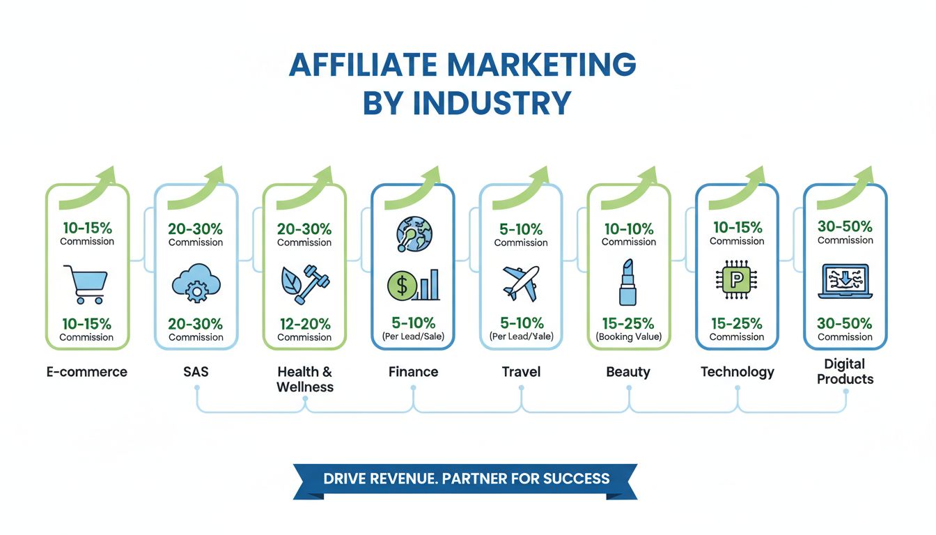 Affiliate marketing in verschillende sectoren met E-commerce, SaaS, Gezondheid & Welzijn, Financiën, Reizen, Beauty, Technologie met groeipijlen en commissiepercentages