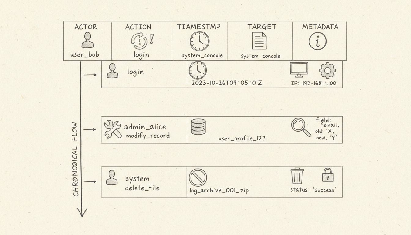 Auditlogstructuurdiagram dat Actor, Actie, Tijdstempel, Doel en Metadata componenten toont in chronologische volgorde