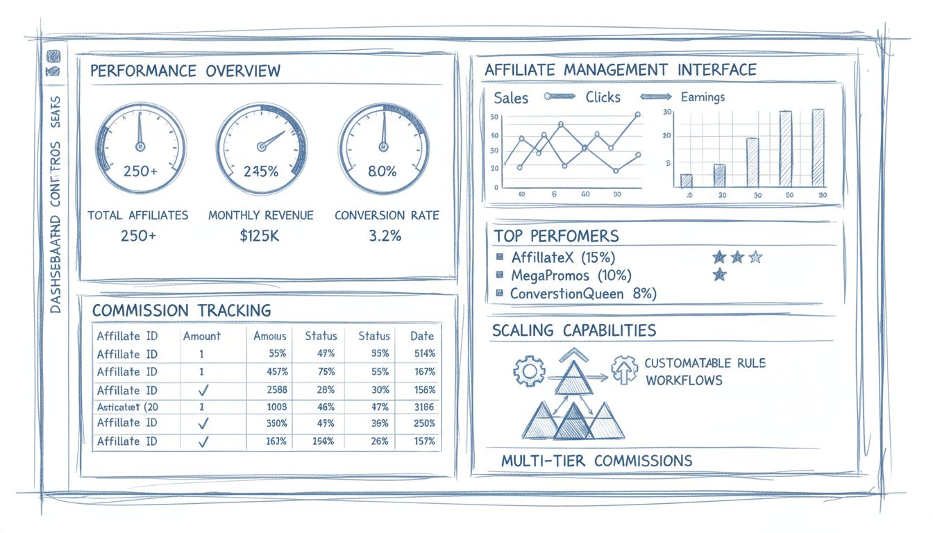 Professioneel affiliate marketing dashboard met prestatie-indicatoren, beheerdersinterface, commissietracking en schaalmogelijkheden