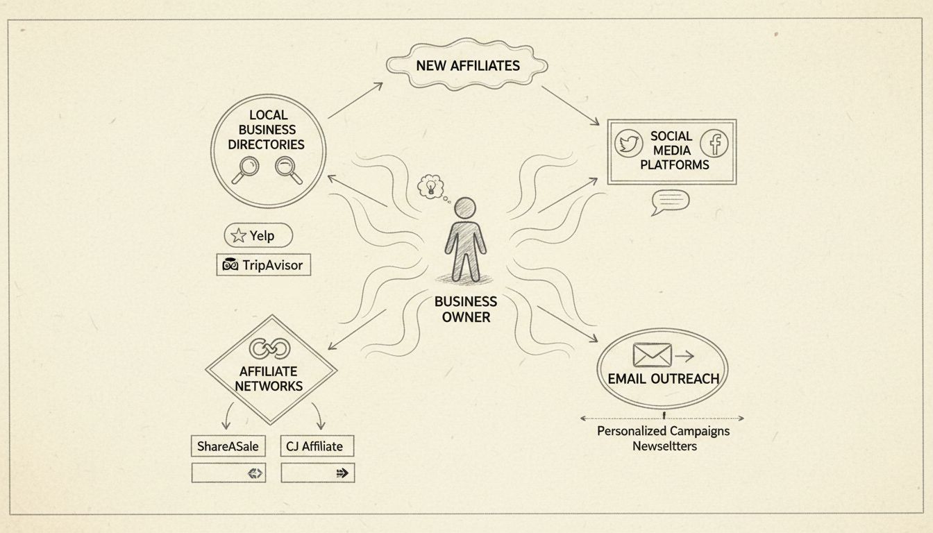 Handgetekend diagram dat meerdere kanalen voor het vinden van affiliates toont, waaronder lokale bedrijvengidsen, sociale mediaplatforms, affiliate netwerken en e-mailcampagnes