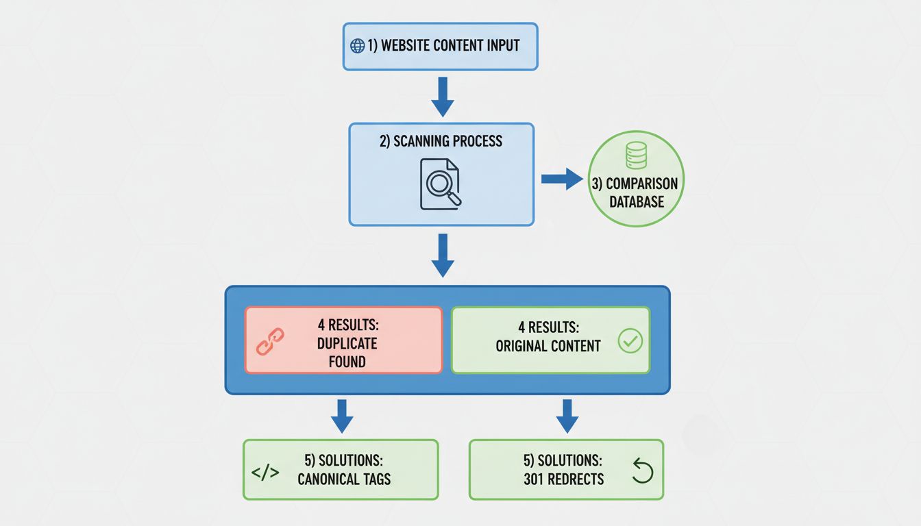 Duplicate content checking workflow diagram showing scanning process, comparison database, and solutions
