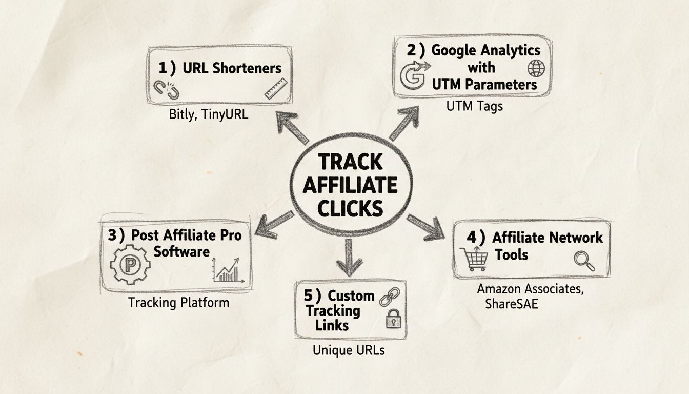 Diagram van affiliate kliktracking-methoden met URL-verkorters, Google Analytics, Post Affiliate Pro, affiliate netwerken en maatwerk trackingoplossingen