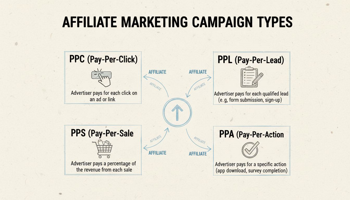 Diagram met verschillende soorten affiliate marketingcampagnes, waaronder PPC, PPL, PPS en PPA modellen