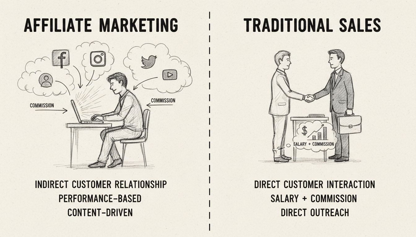 Handgetekend diagram dat affiliate marketing vergelijkt met traditionele verkoop en de belangrijkste verschillen in klantrelatie, beloning en controle toont