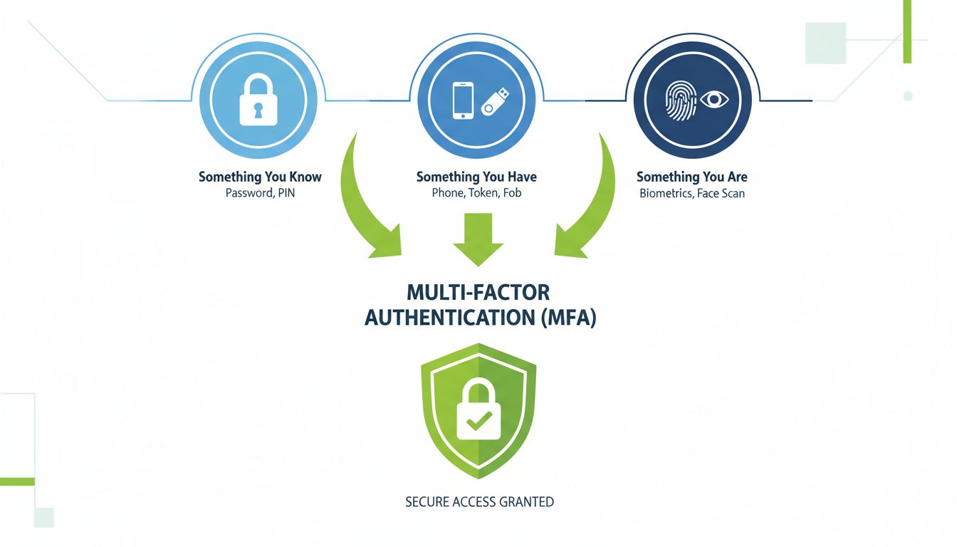 Diagram van multi-factor authenticatiefactoren: iets wat je weet, iets wat je hebt, en iets wat je bent