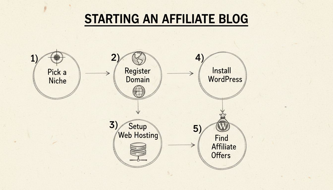 5 stappen om een affiliate blog te starten: Kies een niche, registreer domein, zet webhosting op, installeer WordPress, vind affiliate aanbiedingen