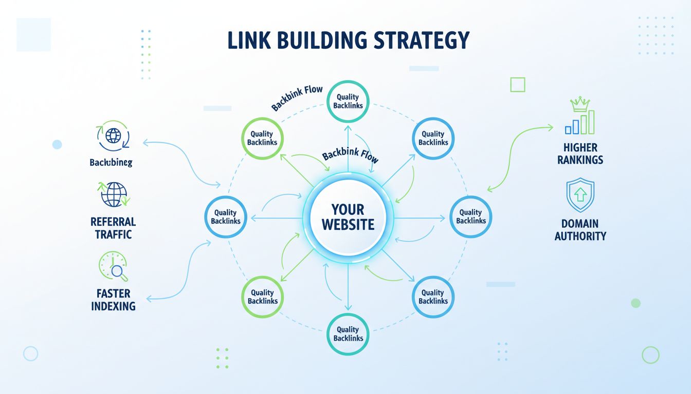 Infographic over linkbuildingstrategie, toont netwerk van websites met backlinks, toename domeinautoriteit, hogere rankings en doorverkeer