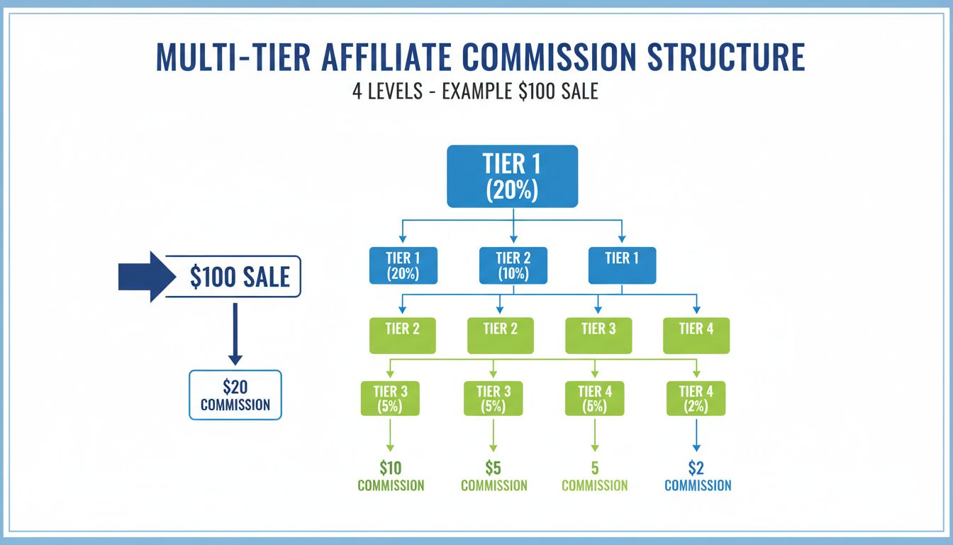 Multi-tier commissie structuurdiagram toont 4 niveaus met commissiepercentages en $100 verkoopvoorbeeld