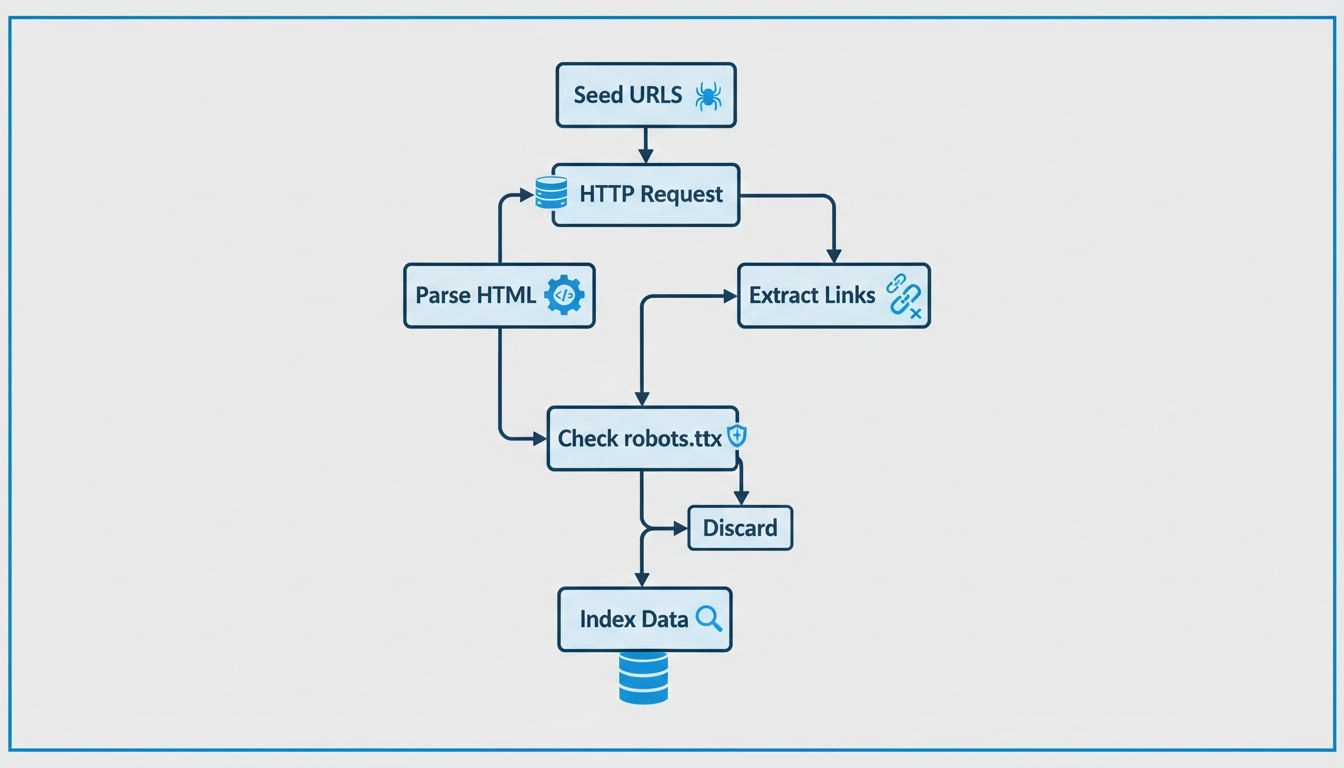 Stroomschema van het webcrawlerproces met seed-URL's, HTTP-verzoeken, HTML-parsing, linkextractie, robots.txt-controle en database-indexering