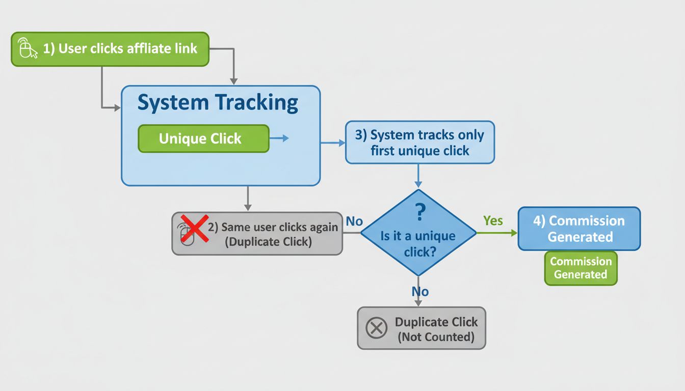 Stroomschema uniek kliktrackingsysteem: eerste klik in groen geteld, dubbele klikken doorgestreept in grijs, en commissiegeneratie alleen voor unieke klikken