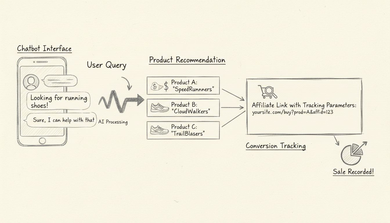 Handgetekend diagram dat de chatbotworkflow in affiliate marketing toont met gebruikersvraag, AI-verwerking, productaanbevelingen en conversietracking
