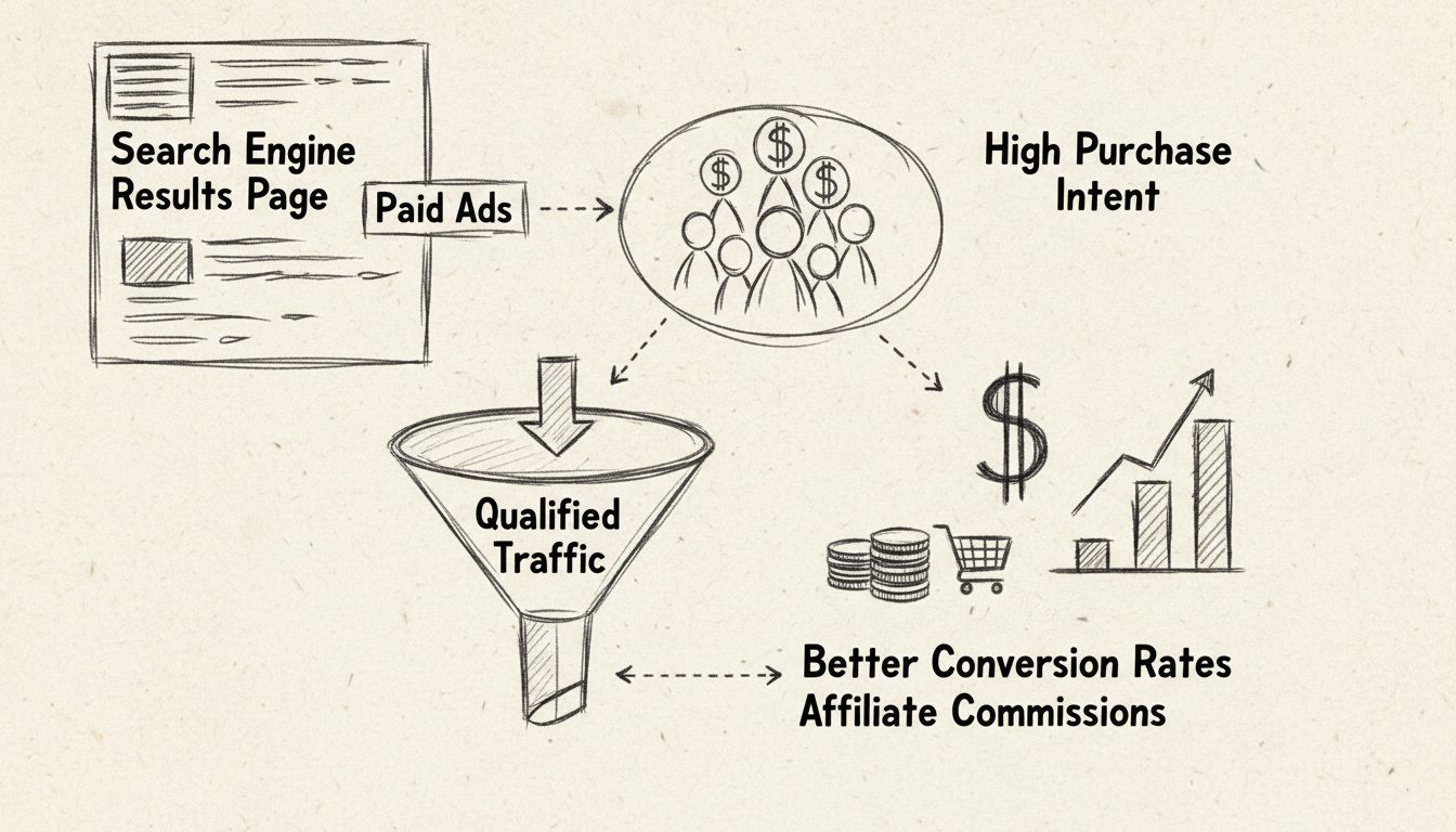 Met de hand getekend diagram dat SEM-voordelen voor affiliate marketeers toont met zoekresultaten, gebruikers met hoge koopintentie, conversietrechter en affiliate commissies