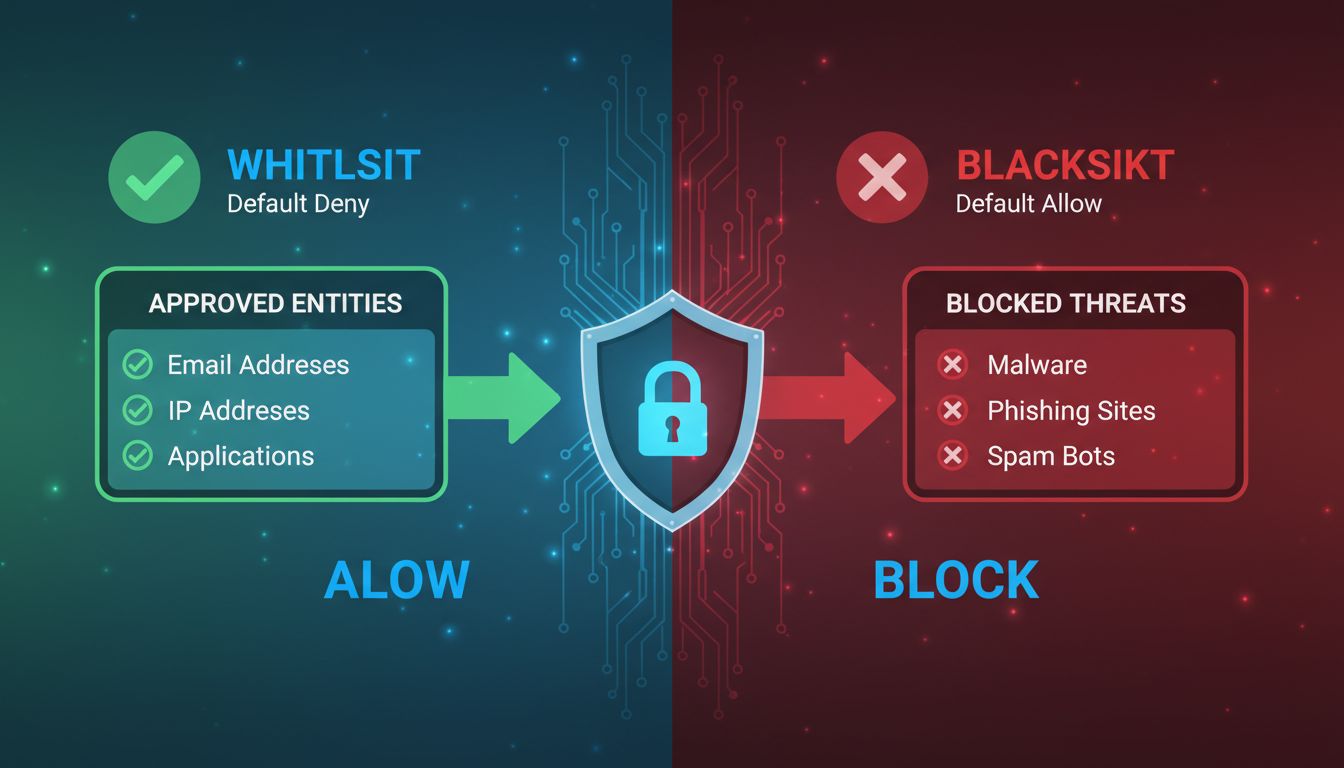 Whitelist versus blacklist beveiligingsvergelijking met goedgekeurde entiteiten die via whitelist worden toegelaten en geblokkeerde bedreigingen bij blacklist