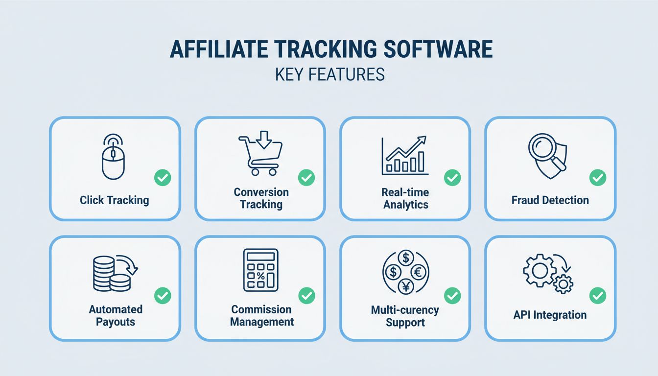 Belangrijkste functies van affiliate tracking software, waaronder kliktracking, conversietracking, realtime analyse, fraudedetectie, geautomatiseerde uitbetalingen en commissiebeheer