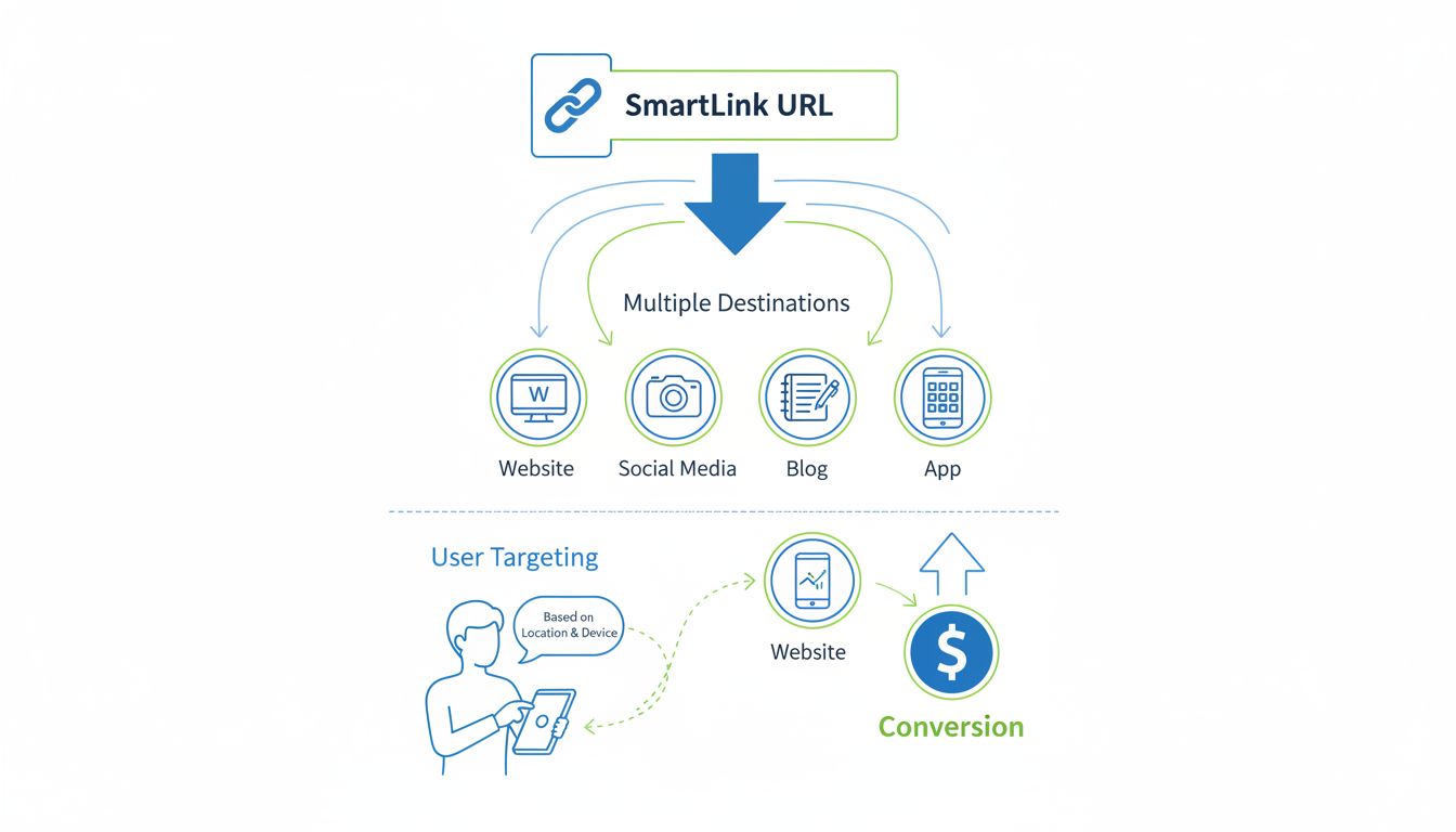 SmartLinks-diagram waarin één URL wordt getoond die naar meerdere bestemmingen leidt op basis van gebruikerstargeting