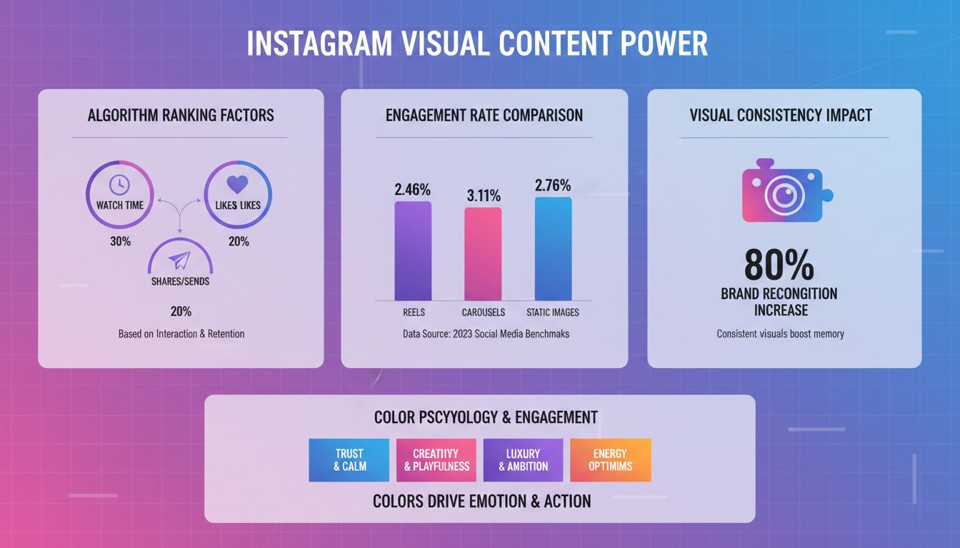 Infographic over het belang van visuele content op Instagram met betrokkenheidsstatistieken, algoritmefactoren en kleurpsychologie