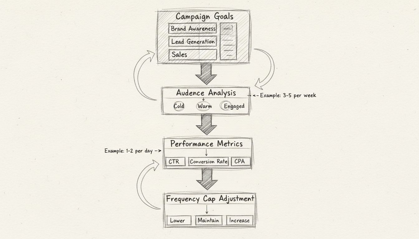 Framework voor optimalisatie van frequentielimieten: stroomdiagram met campagnedoelen, doelgroepanalyse, prestatiestatistieken en frequentieaanpassingsproces
