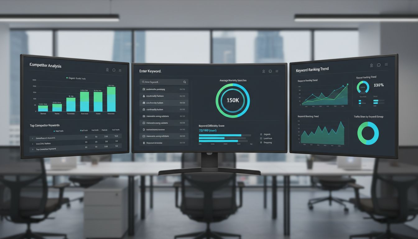 Professioneel digitaal marketingdashboard dat zoekwoordenanalyse toont met zoekvolumemetrics en concurrentieanalyse